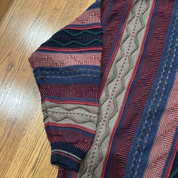 Cotton Traders Sweater Mens Large Vintage Coogi Style 3D Knit 90s Red Blue Tan - Picture 6 of 8